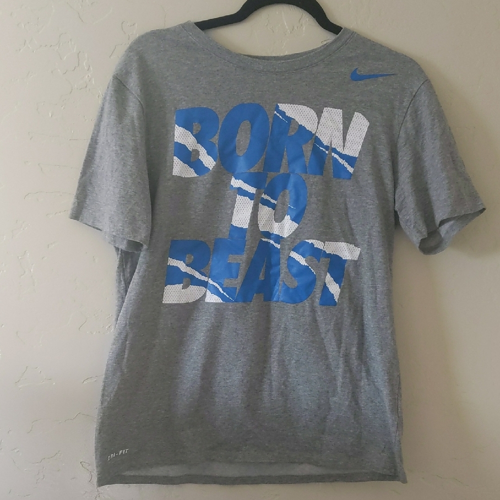 Nike Men's Gray Tee with Bold Blue Print